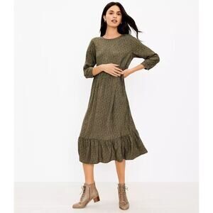 Loft Ann Taylor Dress Women's SZ Large Tall Tiered Midi Olive Green Ditsy Floral